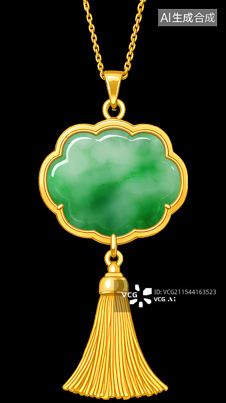 【AI数字艺术】国风手绘插画，古风黄金翡翠玉石饰品，玉佩，长命锁，如意锁，宝宝锁，金镶玉流苏挂件装饰图片素材