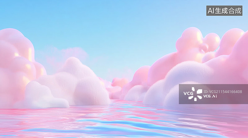 【AI数字艺术】3D海洋水上卡通云层日落天空产品展台高级感科技电商商务时尚海报插画蓝色粉色清新宁静唯美浪漫夏天背景图片素材