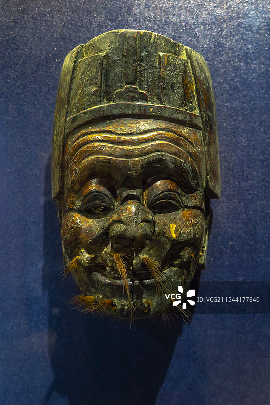 中国贵州铜仁博物馆馆藏文物，德江傩堂戏，傩堂戏面具，傩法师服饰面具，傩堂戏面具，图片素材