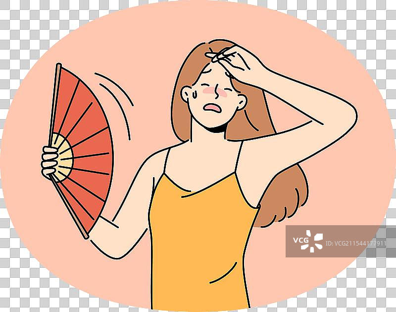 一位手持扇子的身体不适女性正在遭受中暑。图片素材