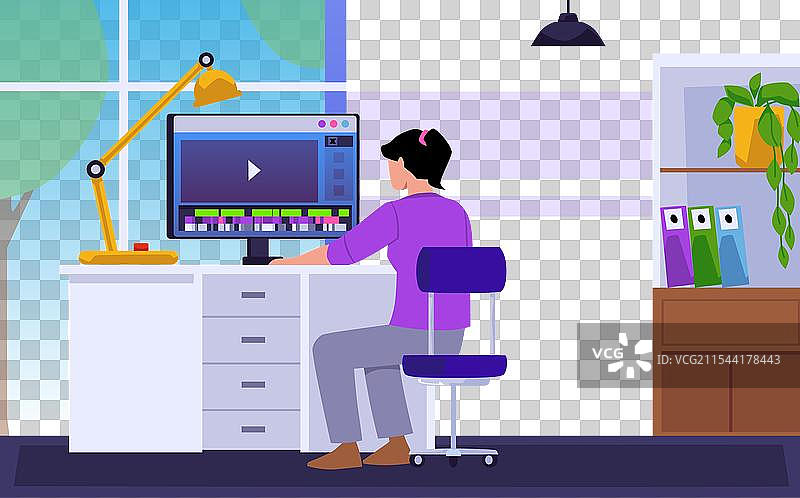 一个女孩在电脑桌前观看视频图片素材