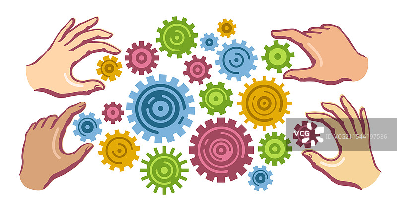 四只手握着齿轮，团队合作图片素材
