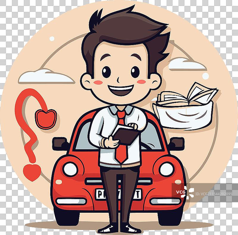 卡通风格的商人与汽车和问号图片素材