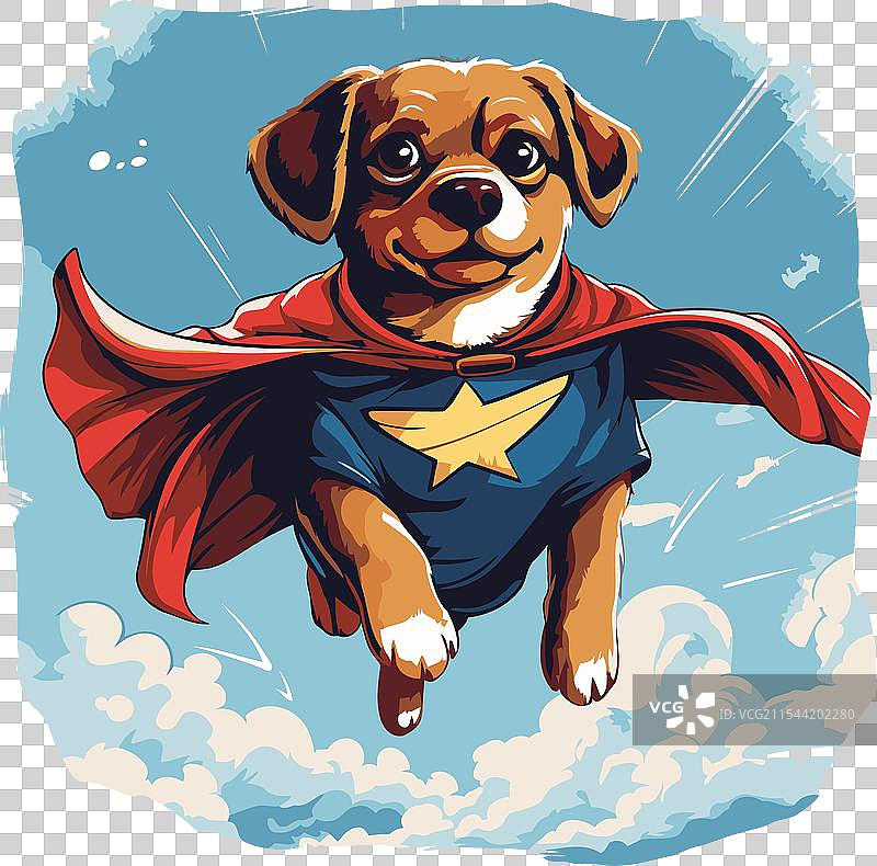 穿着超级英雄服装的小狗在天空中飞翔图片素材