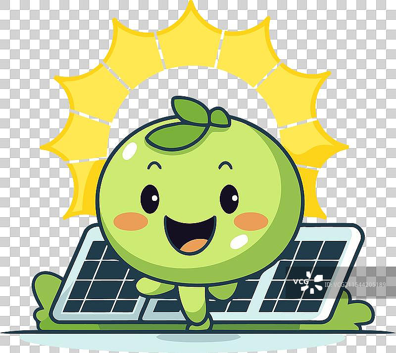 可爱的苹果卡通角色与太阳能电池板图片素材