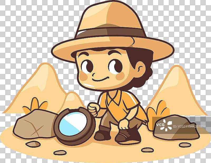 可爱的探险男孩与放大镜的卡通形象图片素材