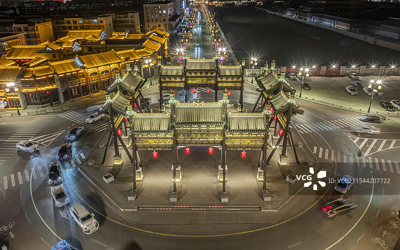 山西省大同市大同古城夜景航拍图片素材