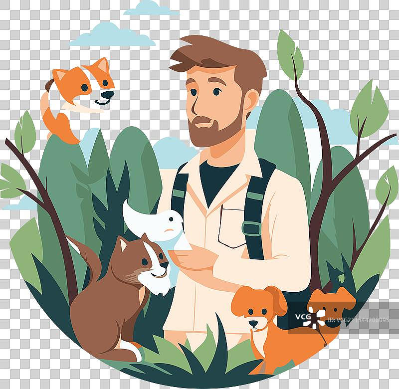 公园里一个带着狗的男人，扁平风格图片素材