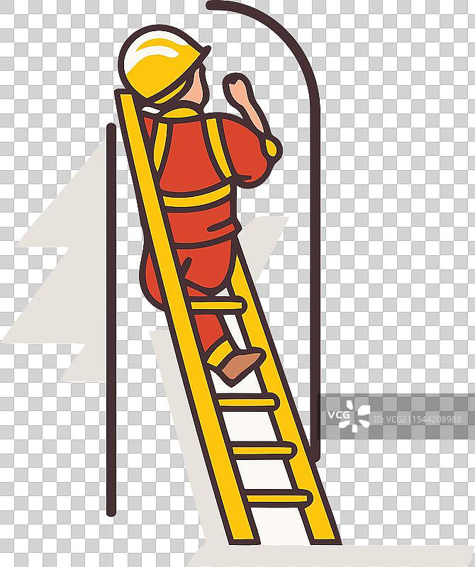 平面设计风格的消防员站在梯子上图片素材