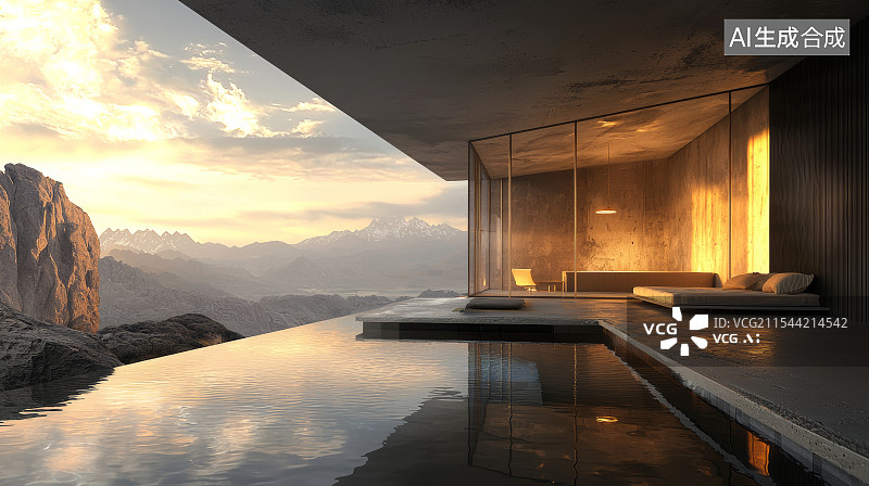 【AI数字艺术】山景房内的水池与日落景色图片素材