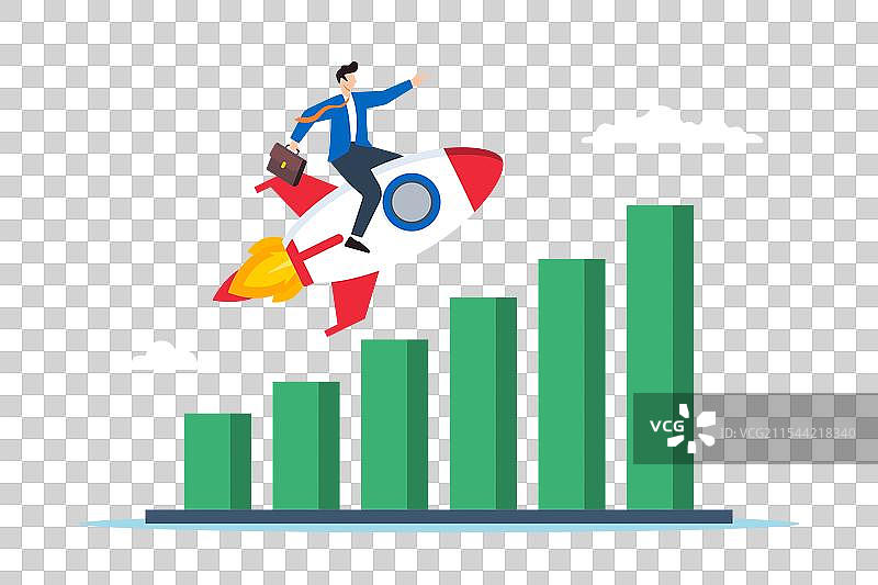 商人骑着火箭在增长条上飞驰图片素材