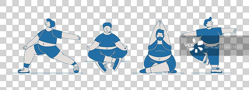 不同瑜伽姿势的超重男性卡通形象图片素材