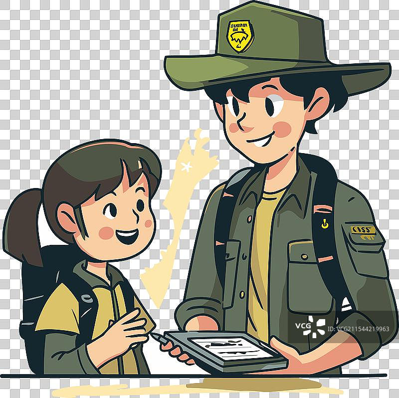 一名侦探和一个拿着平板电脑的孩子图片素材