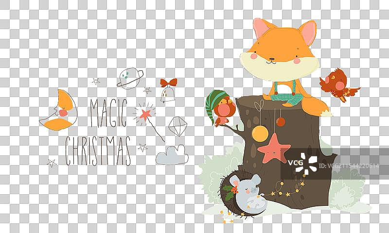 冬季森林中坐在树桩上的小狐狸图片素材