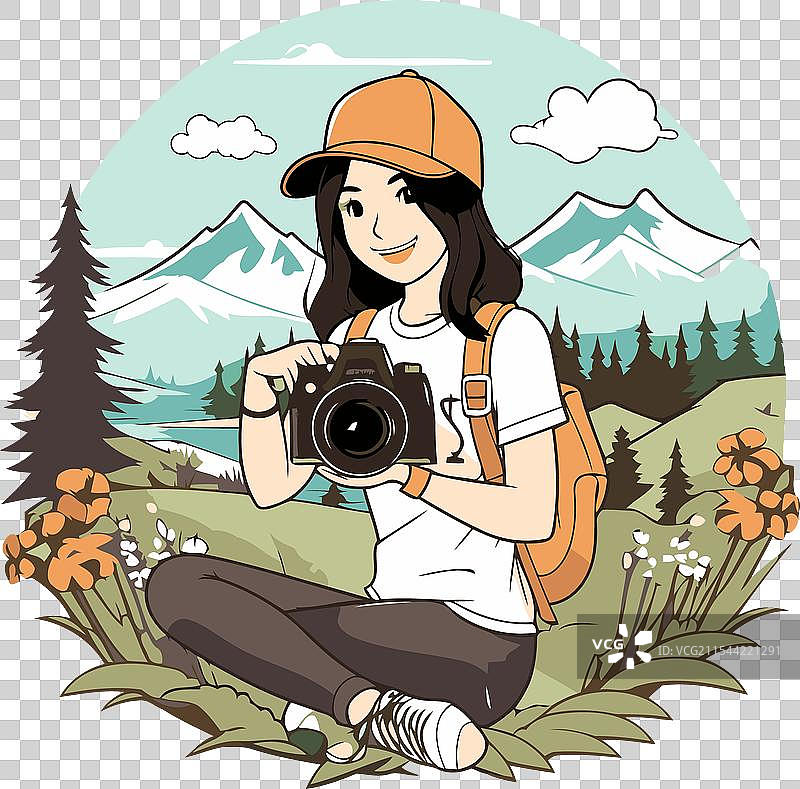 在山中的女孩旅行者手持相机图片素材