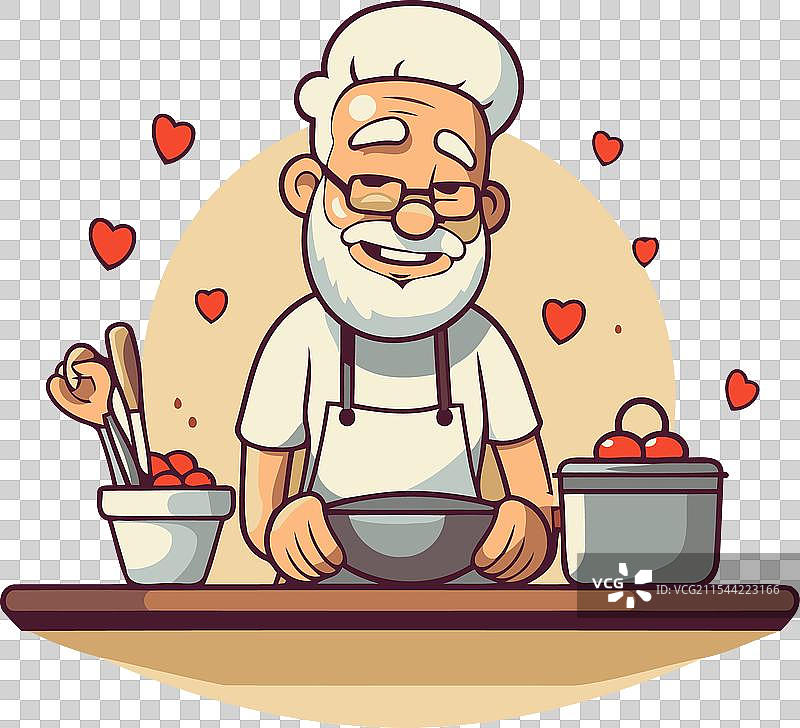 卡通中祖父在厨房做饭图片素材