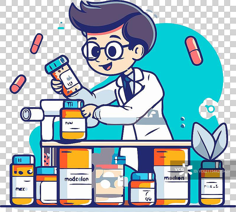 药剂师与许多药瓶图片素材
