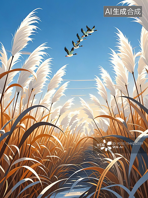 【AI数字艺术】芦花摇曳大雁南飞，秋天白露秋分寒露节气概念插画图片素材