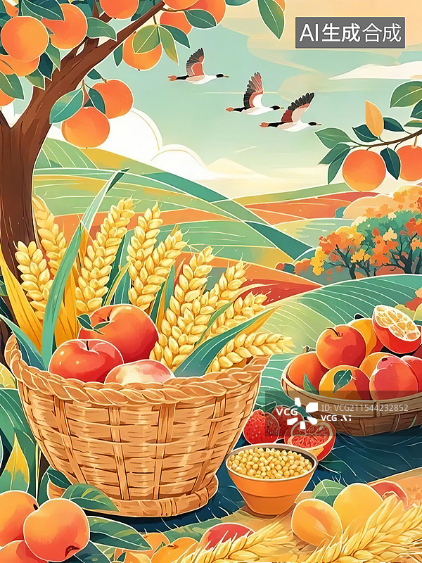 【AI数字艺术】丰收的谷物成熟的水果，大雁在天空飞过，秋天白露秋分丰收概念插画图片素材