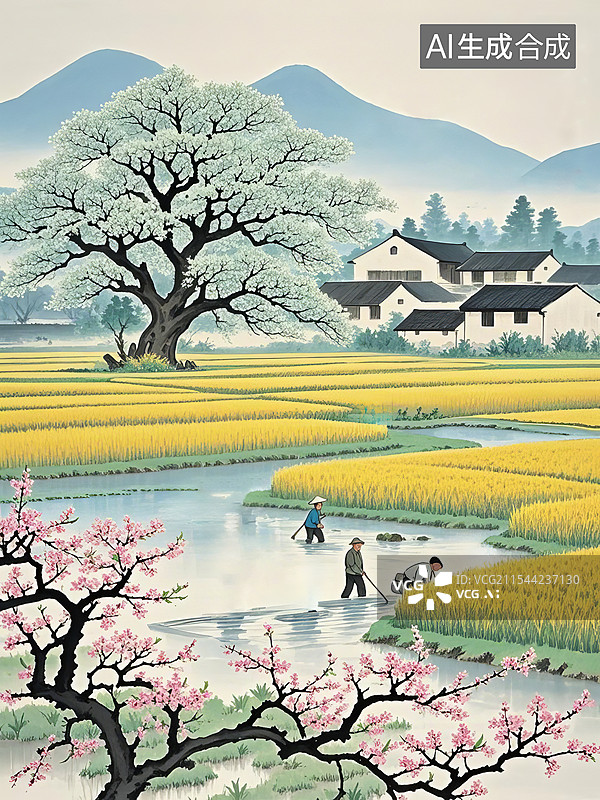 【AI数字艺术】春天春暖花开春耕。清明谷雨芒种节气概念插画图片素材