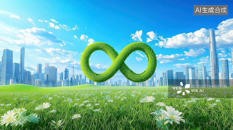 【AI数字艺术】城市天际线背景上的绿草编成的巨大无限符号图片素材