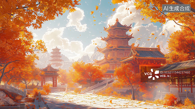 【AI数字艺术】金秋古建筑图片素材