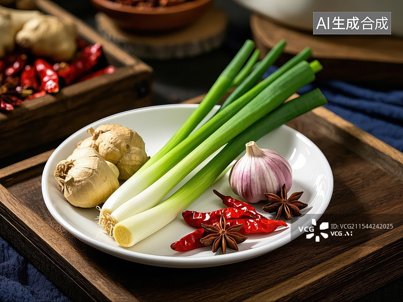 【AI数字艺术】中式料理食材特写，新鲜蔬菜与香料图片素材