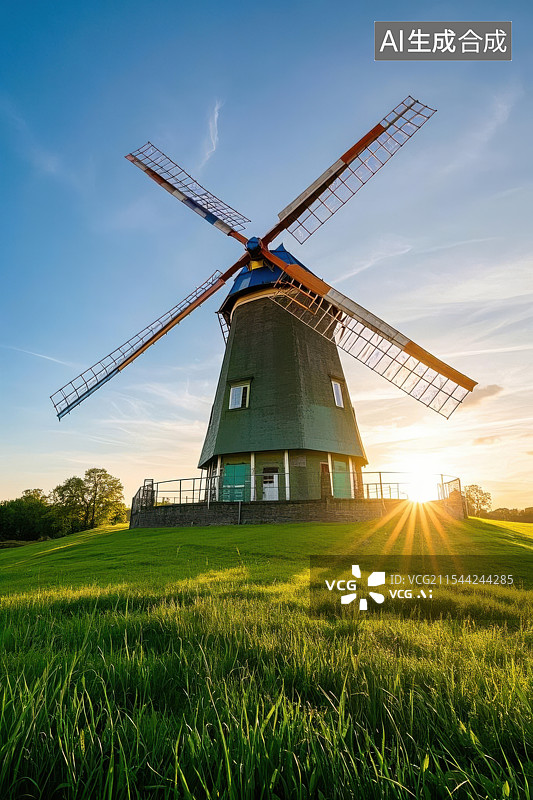 【AI数字艺术】田园风光中的夕阳下的宁静古老风车图片素材