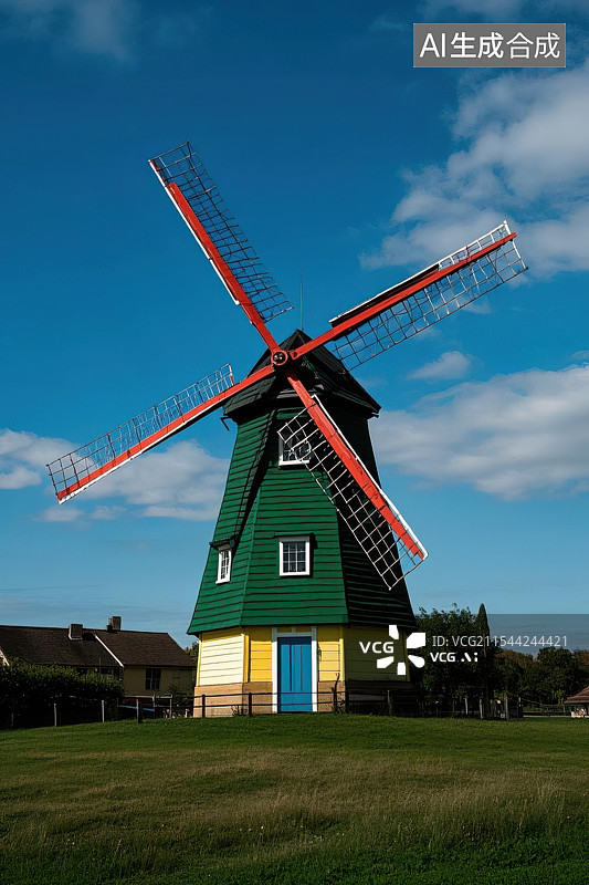 【AI数字艺术】田园风光中的夕阳下的宁静古老风车图片素材