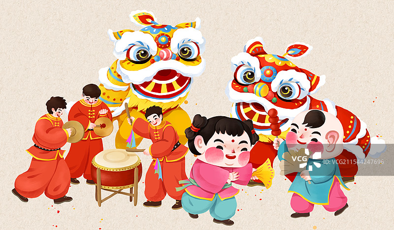 春节年俗插画逛庙会敲锣打鼓扭秧歌舞狮子图片素材