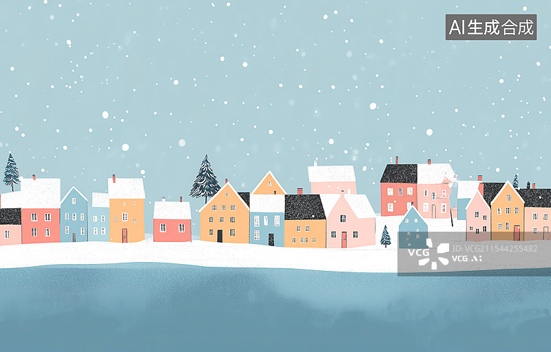 【AI数字艺术】冬天的雪景与房屋插画图片素材