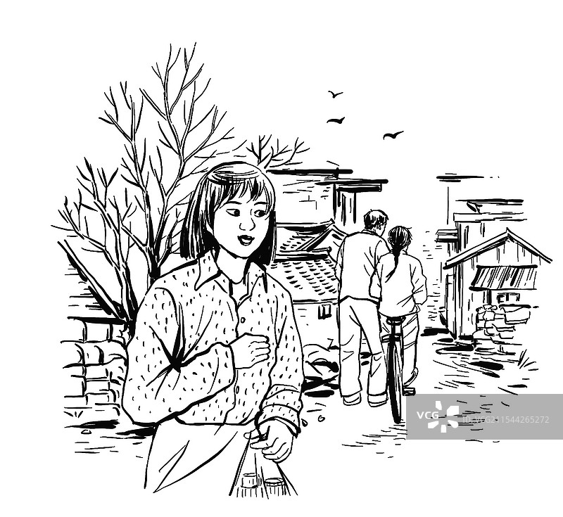 黑白插画 速写风格 乡村 爱情 夫妻 男人 女人 农村 骑自行车 知青 回忆 往事 7080年代图片素材