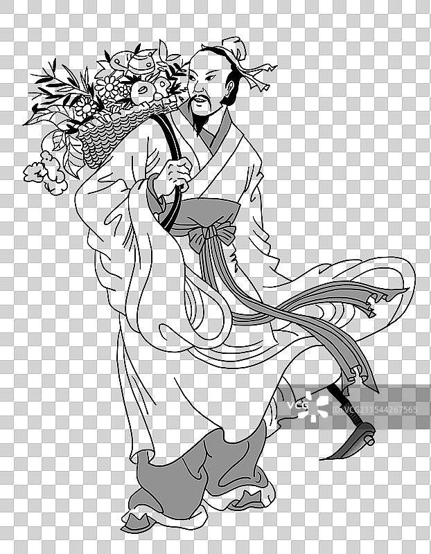 古代 采药 药学家 草药 中医  翻山 影响力 药学 手绘 黑白 插图图片素材