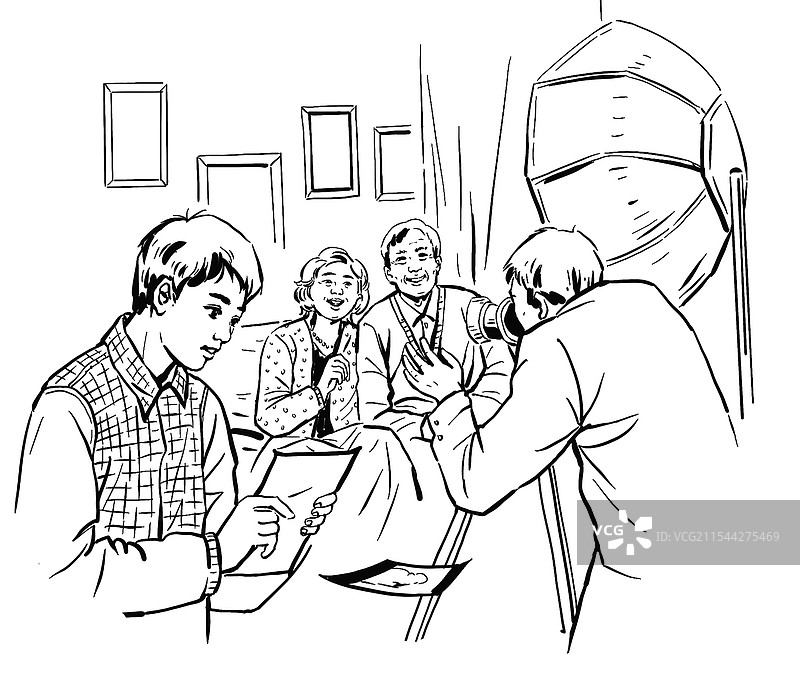 黑白插画 速写风格 照相馆 照相 拍照 回忆 童年 老人 合影图片素材
