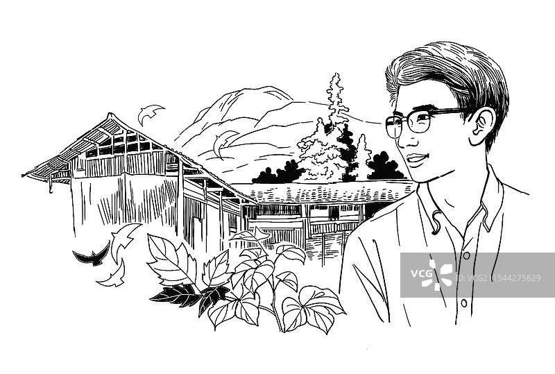 黑白插画 速写风格 男青年 男人 年轻人 家乡 农村 乡村 亲情图片素材