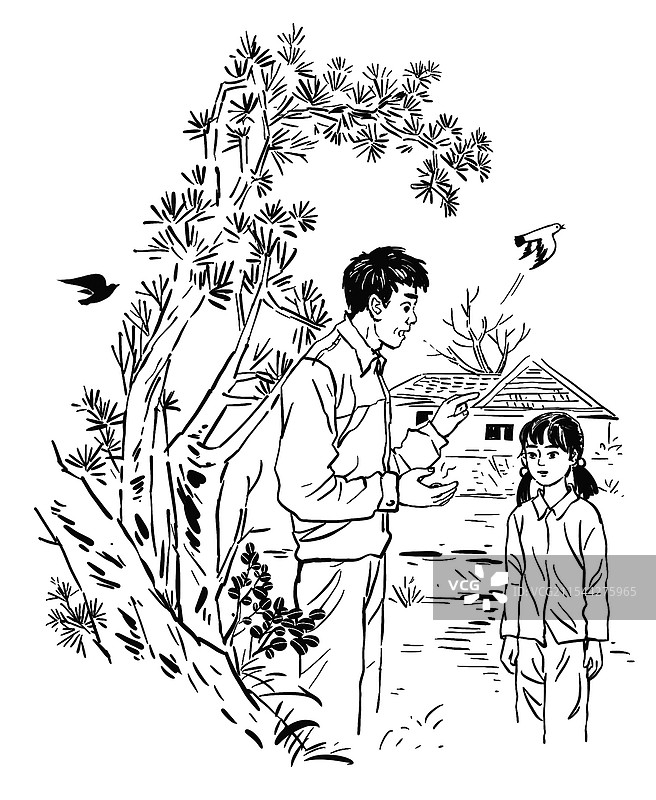 黑白插画 速写风格 乡村老师 教师 师生 情感 童年 往事 教室 老师 教育 指导图片素材