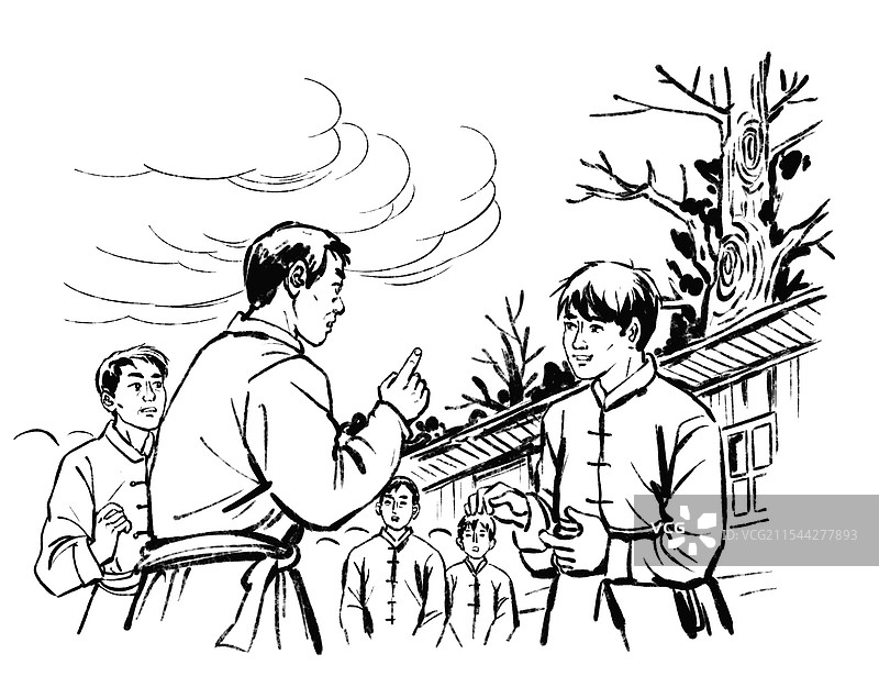 黑白插画 速写风格 乡村 农村 比武 习武 比赛 武术图片素材