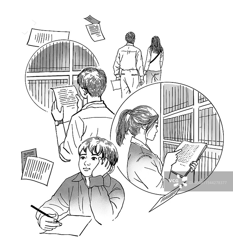 黑白插画 速写风格 翻阅 查阅 记录 档案 资料 学习 学生 年轻人图片素材