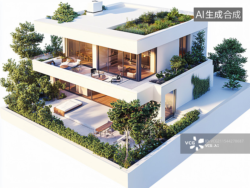【AI数字艺术】白色背景上的3D微缩别墅模型，展示精美设计细节与室内装修。完美体现建筑理念、户型布局与优雅居住空间。图片素材