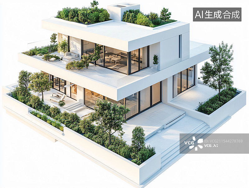 【AI数字艺术】白色背景上的3D微缩别墅模型，展示精美设计细节与室内装修。完美体现建筑理念、户型布局与优雅居住空间。图片素材