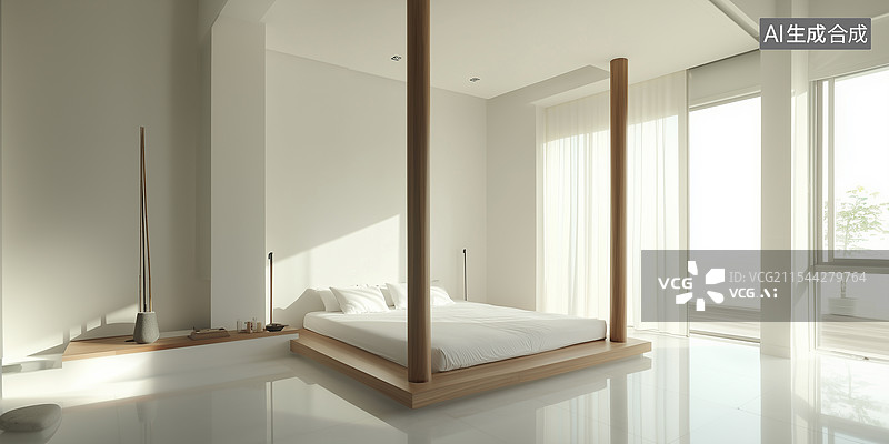 【AI数字艺术】现代极简主义室内，白色四柱床成焦点图片素材