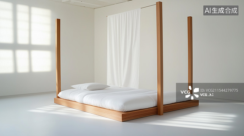 【AI数字艺术】现代极简主义室内，白色四柱床成焦点图片素材