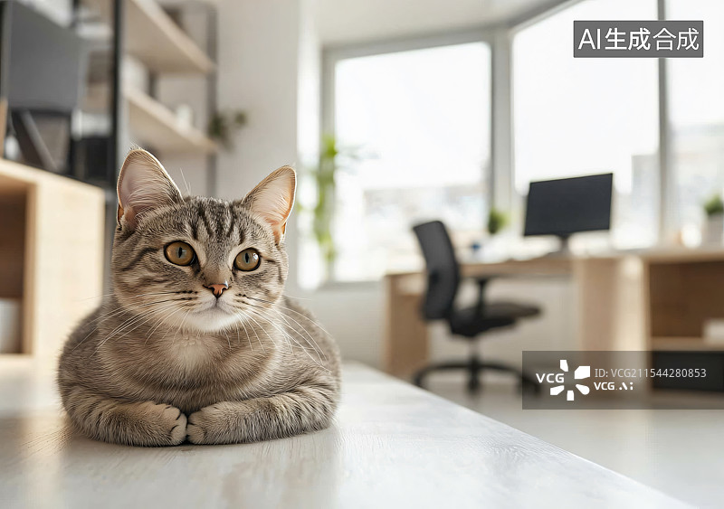 【AI数字艺术】一只狸花猫在办公室里安静地与环境和谐共处，为办公空间增添了一份温馨与舒适感，营造出一个轻松友好的工作图片素材