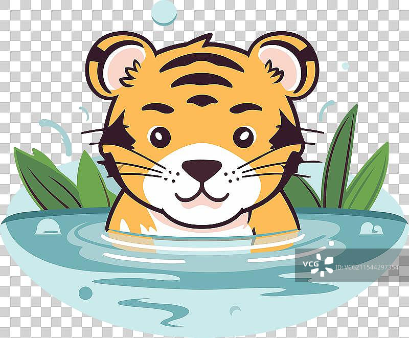可爱的老虎在水中游泳，卡通风格图片素材