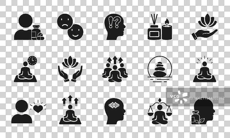 冥想练习瑜伽和禅意剪影图标图片素材