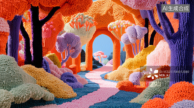 【AI数字艺术】3D编织针织风秋天毛线森林丛林隧道神秘梦幻活力商务时尚插画橘色紫色野兽派绘画华丽国潮风背景图片素材