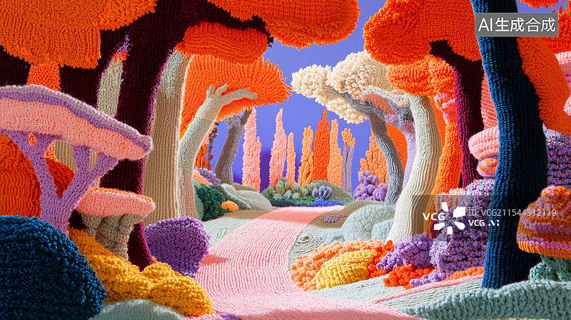 【AI数字艺术】3D编织针织风秋天毛线森林丛林隧道神秘梦幻活力商务时尚插画橘色紫色野兽派绘画华丽国潮风背景图片素材