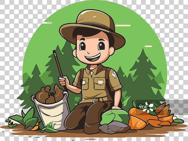 森林中的渔夫与一桶土豆图片素材