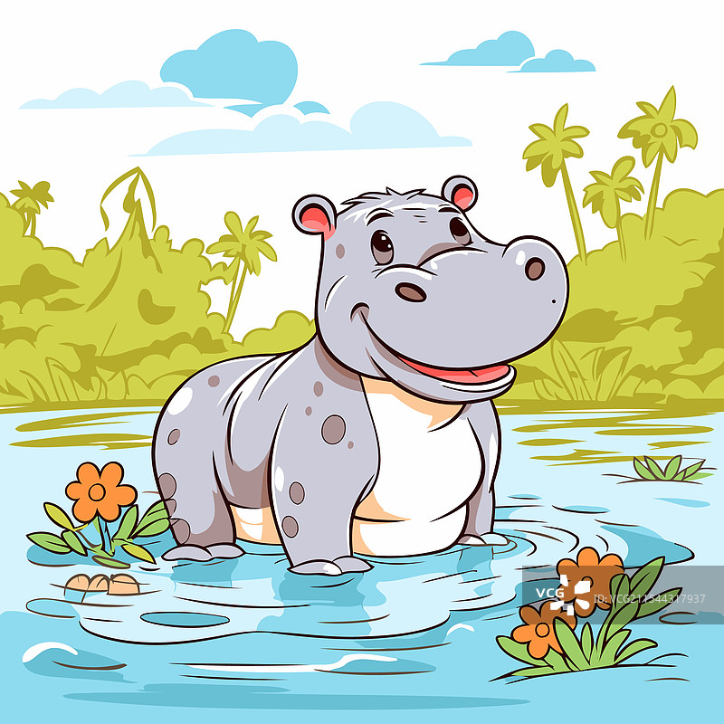 卡通河马在河中，供您设计使用图片素材