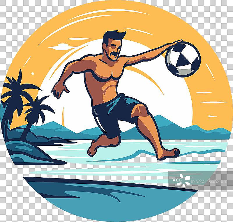 复古风格的沙滩足球运动员与足球图片素材